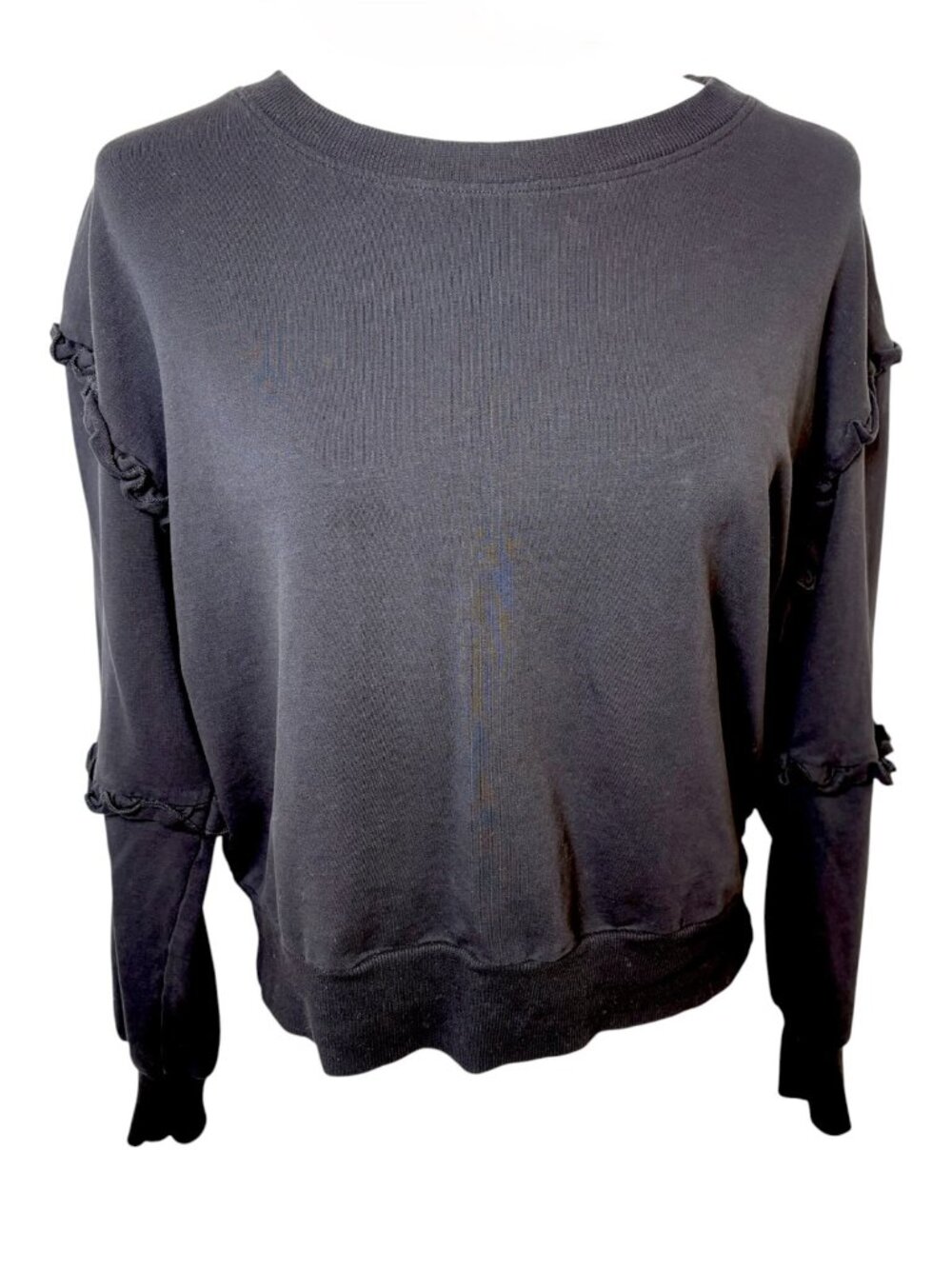 EVEREVE Black Ruffle Trim Cropped Crewneck Sweatshirt Size Small